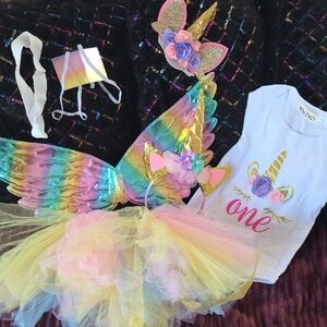 Unicorn First Birthday One-Piece Bodysuit with Pastel Tutu Set